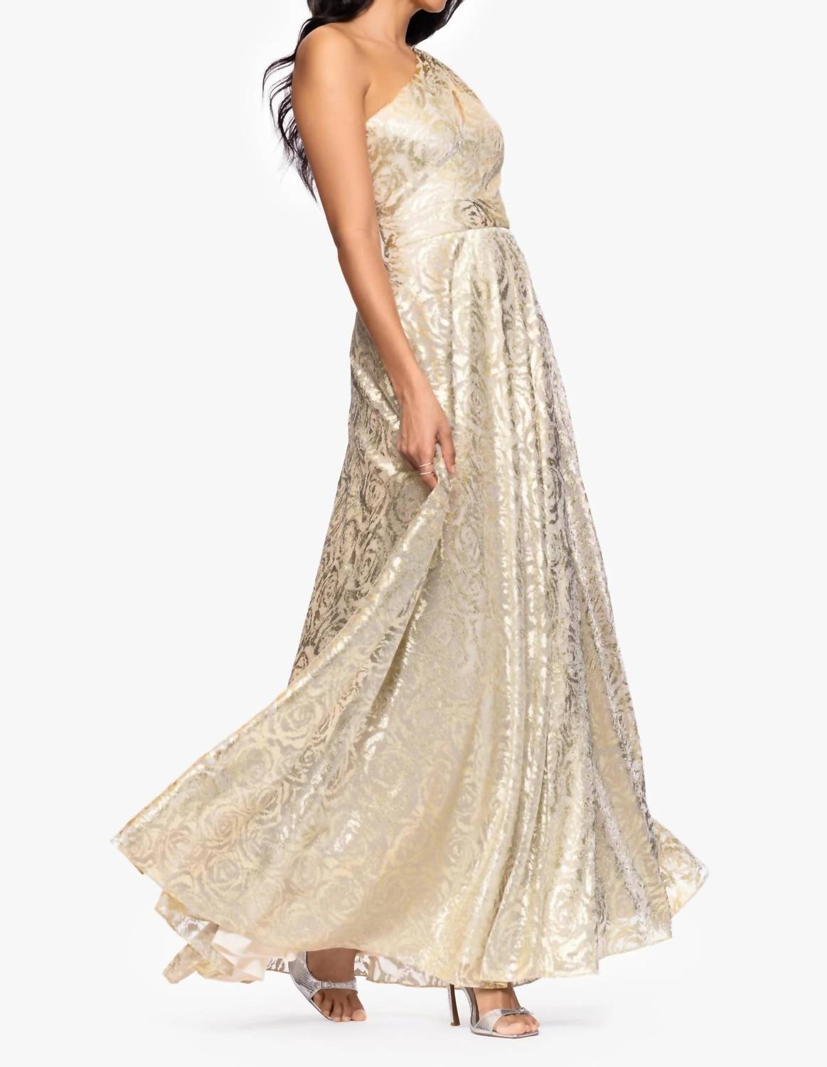 Betsy & Adam - One-shoulder Wrap Foil Floral Gown