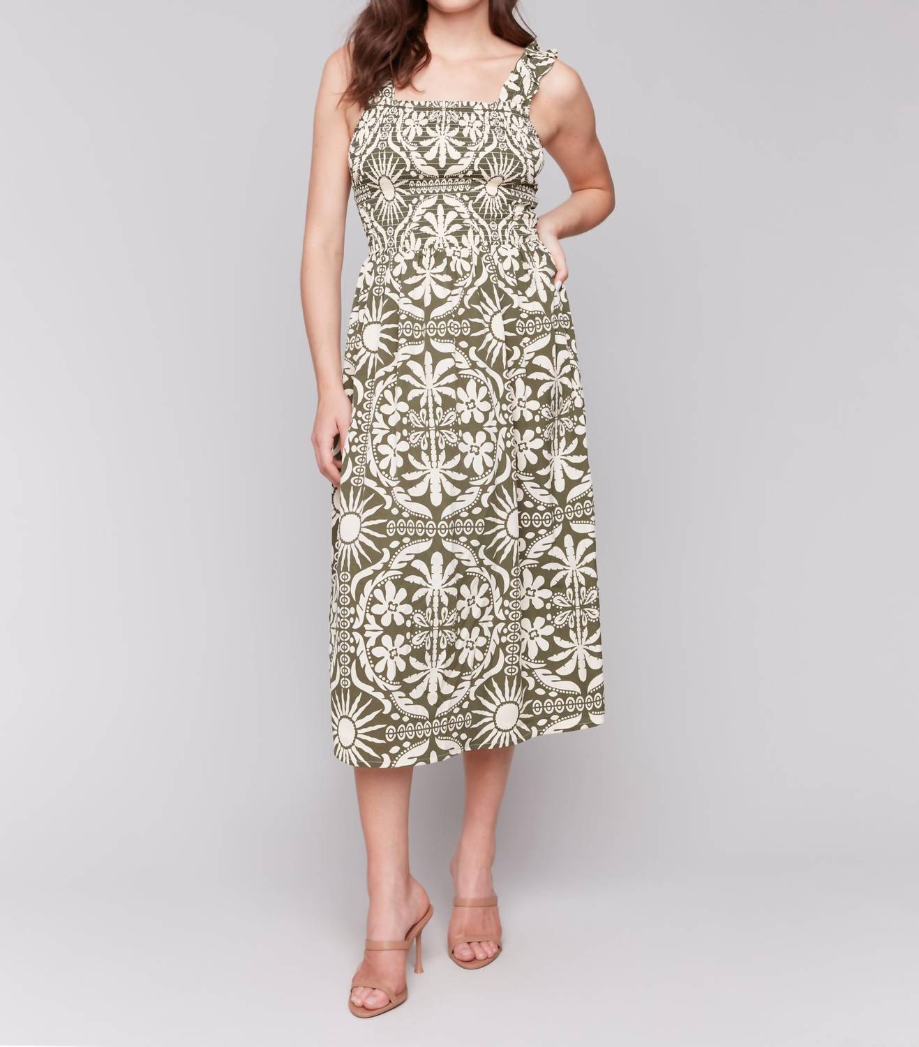 Charlie B - Printed Sleeveless Midi Dress With Shirring Detail
