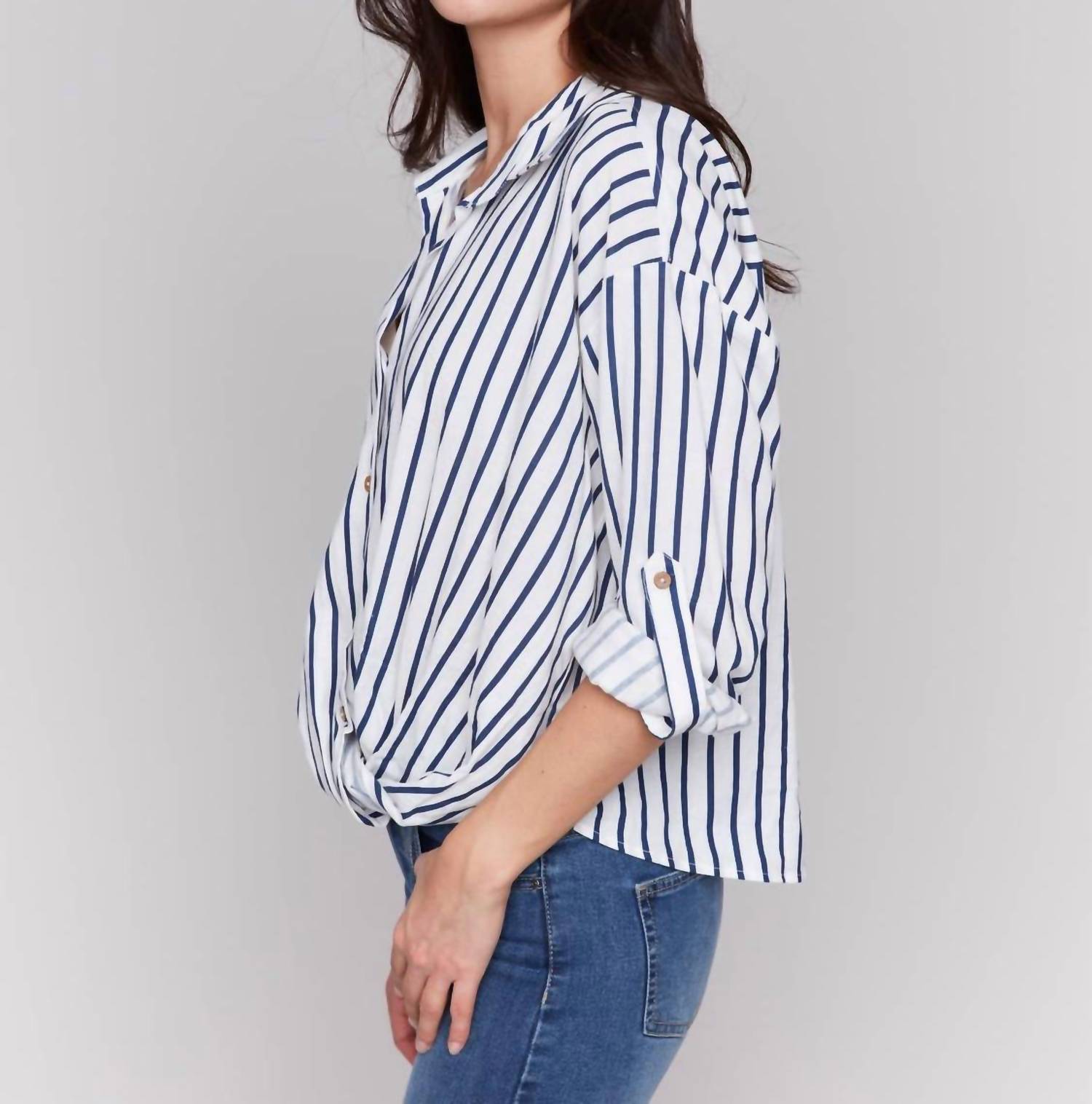 Charlie B - Striped Roll Up Long Sleeves Blouse