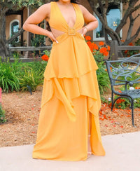 Surelymine - Ruffle Deep V Neckline Maxi Dress