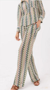 sundays Zig Zag Print Mid Rise Wide Leg Pant in green - women's pants - detail view