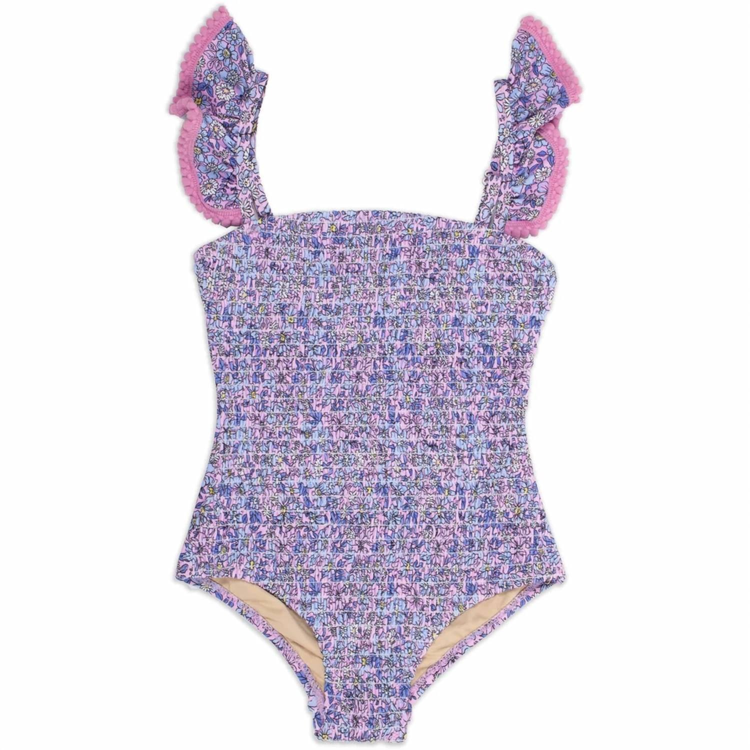 Shade Critters - Girls' Ditsy Floral One Piece Smocked Ruffle Sleeve Swimsuit