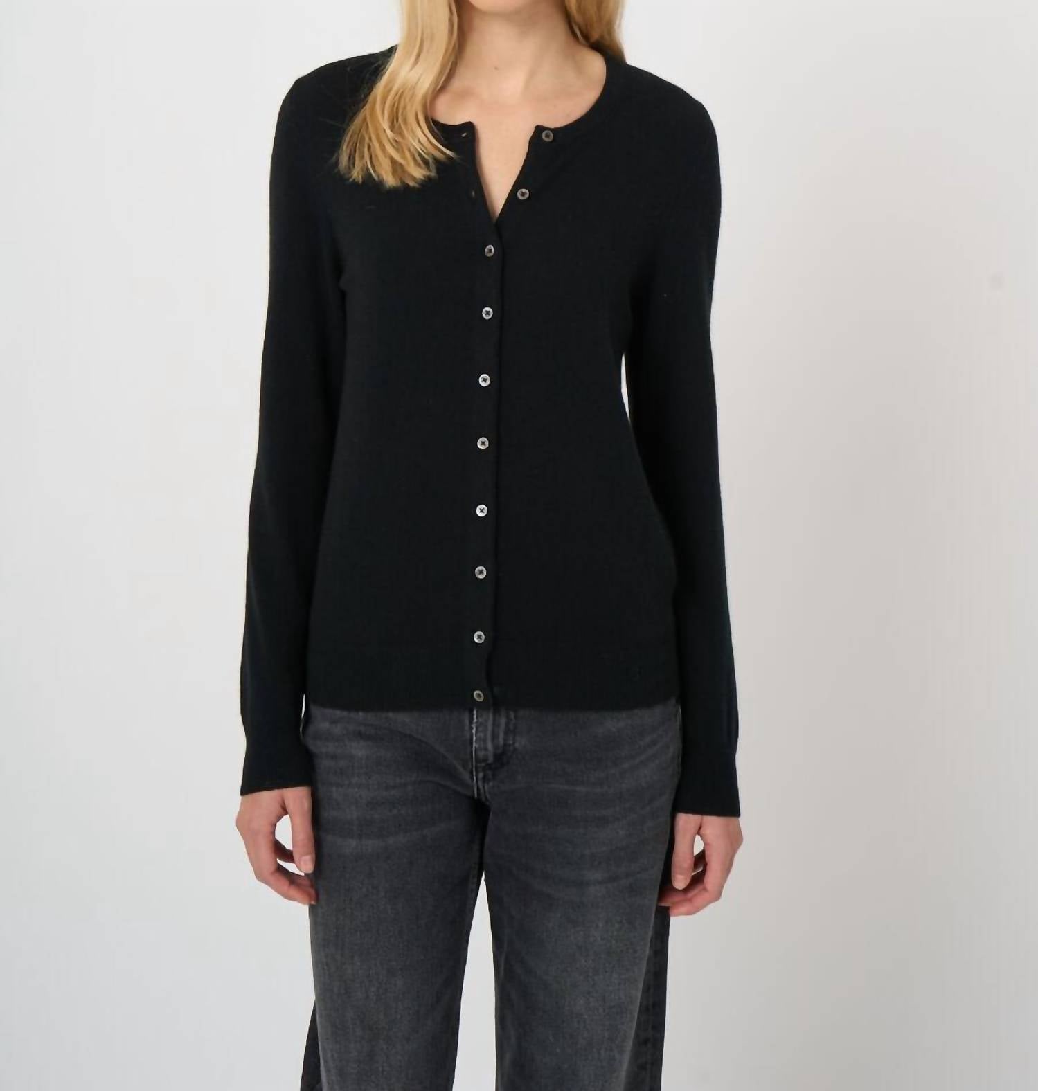 REPEAT cashmere Classic Crew Neck Cashmere Cardigan in black - women's cardigan