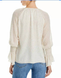 Ramy Brook Faith Metallic Peasant Top in white gold - women's blouse - detail view