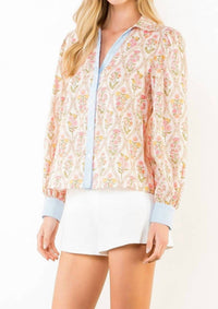 THML Women's Long Sleeve Floral Contrast Trim Top in pastel multi - women's blouse - alternate view