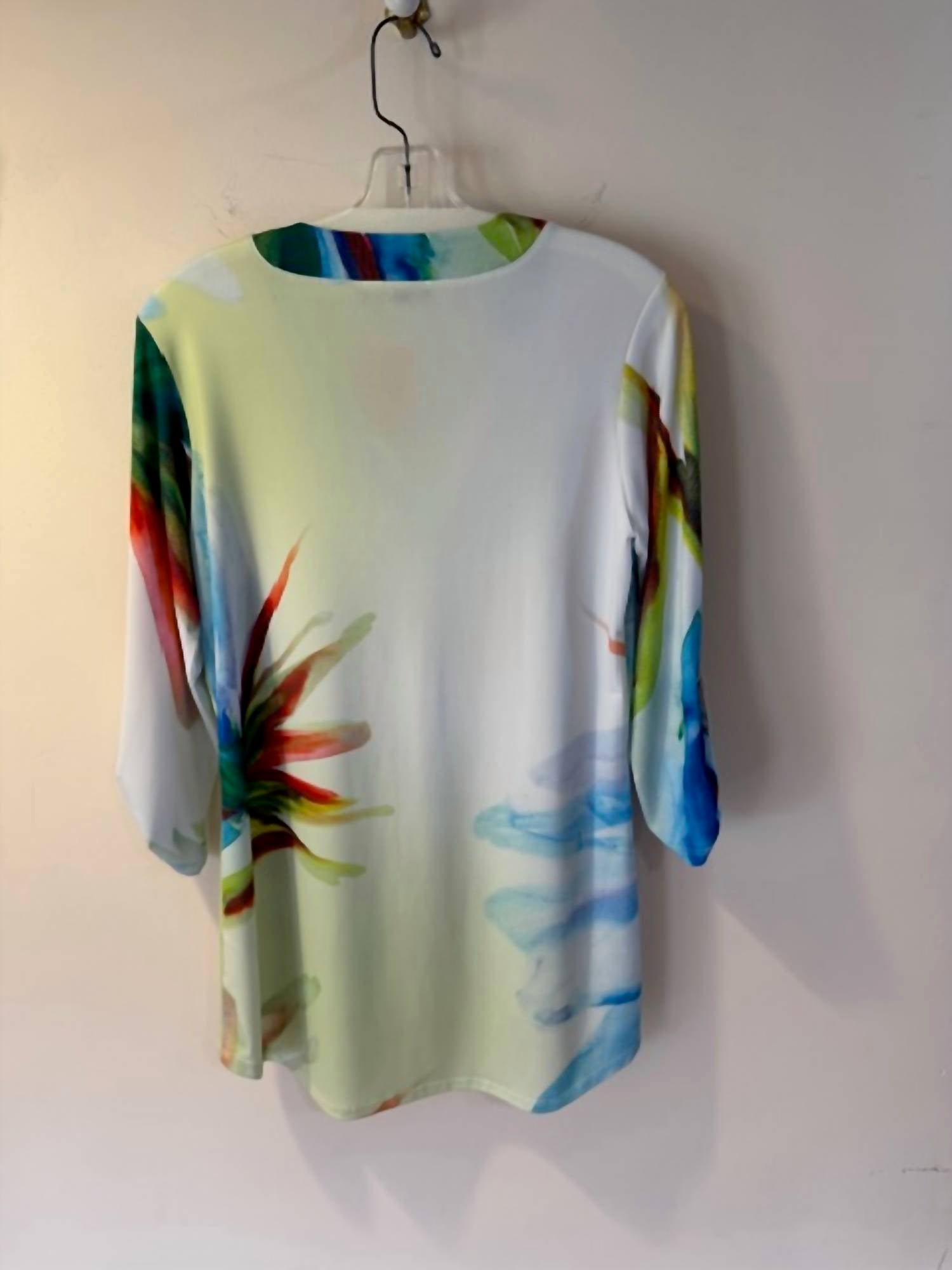 CHARLIE B Women's Tab Sleeve Watercolor Tunic in white royal green - women's blouse - detail view