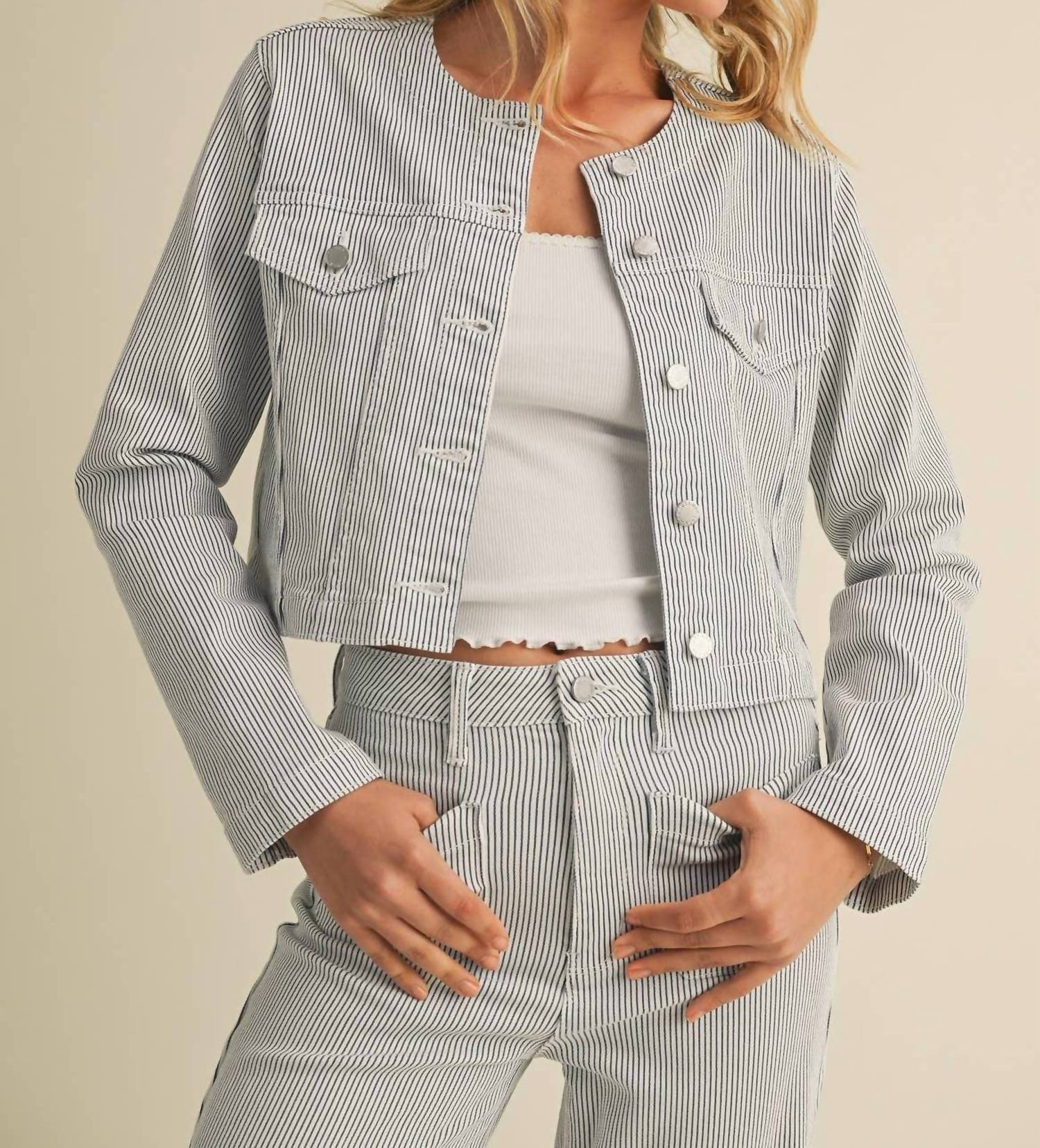 Just Usa - Colleen Stripe Collarless Denim Jacket