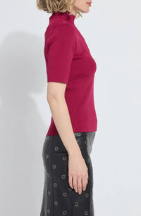 Lysse Benadette Short Sleeve Ribbed Top in fuchsia red - women's blouse - detail view
