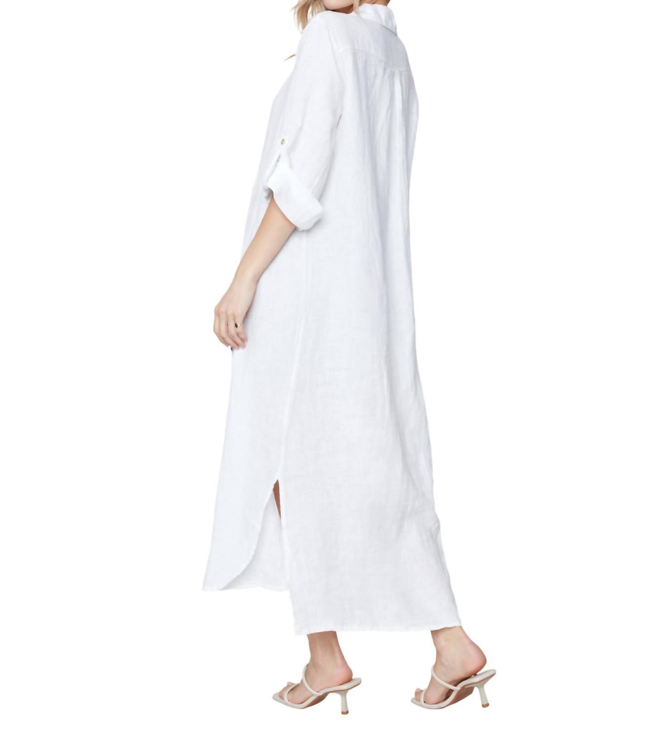 CHARLIE B Linen 3/4 Roll Up Sleeves Button Front Tunic Dress in white - women's dress - detail view