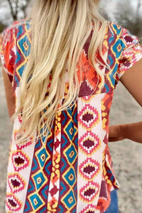 Shiying Fashion - Floral Aztec Geometric Cap Sleeve Top