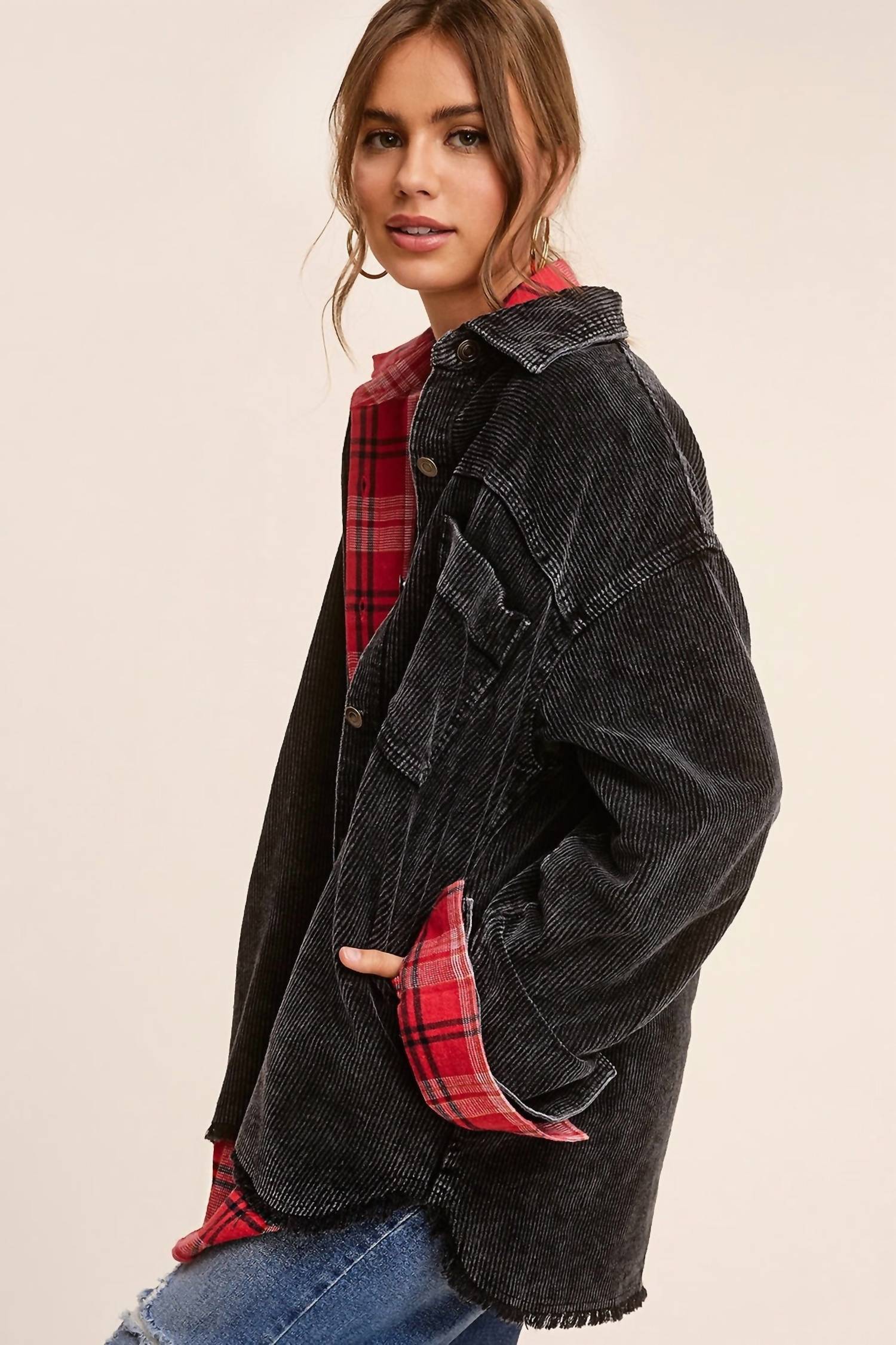 La Miel - Oversized Washed Fabric Corduroy Button Down Jacket