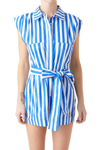 Grey Lab - Striped Pintuck Tie Belt Romper