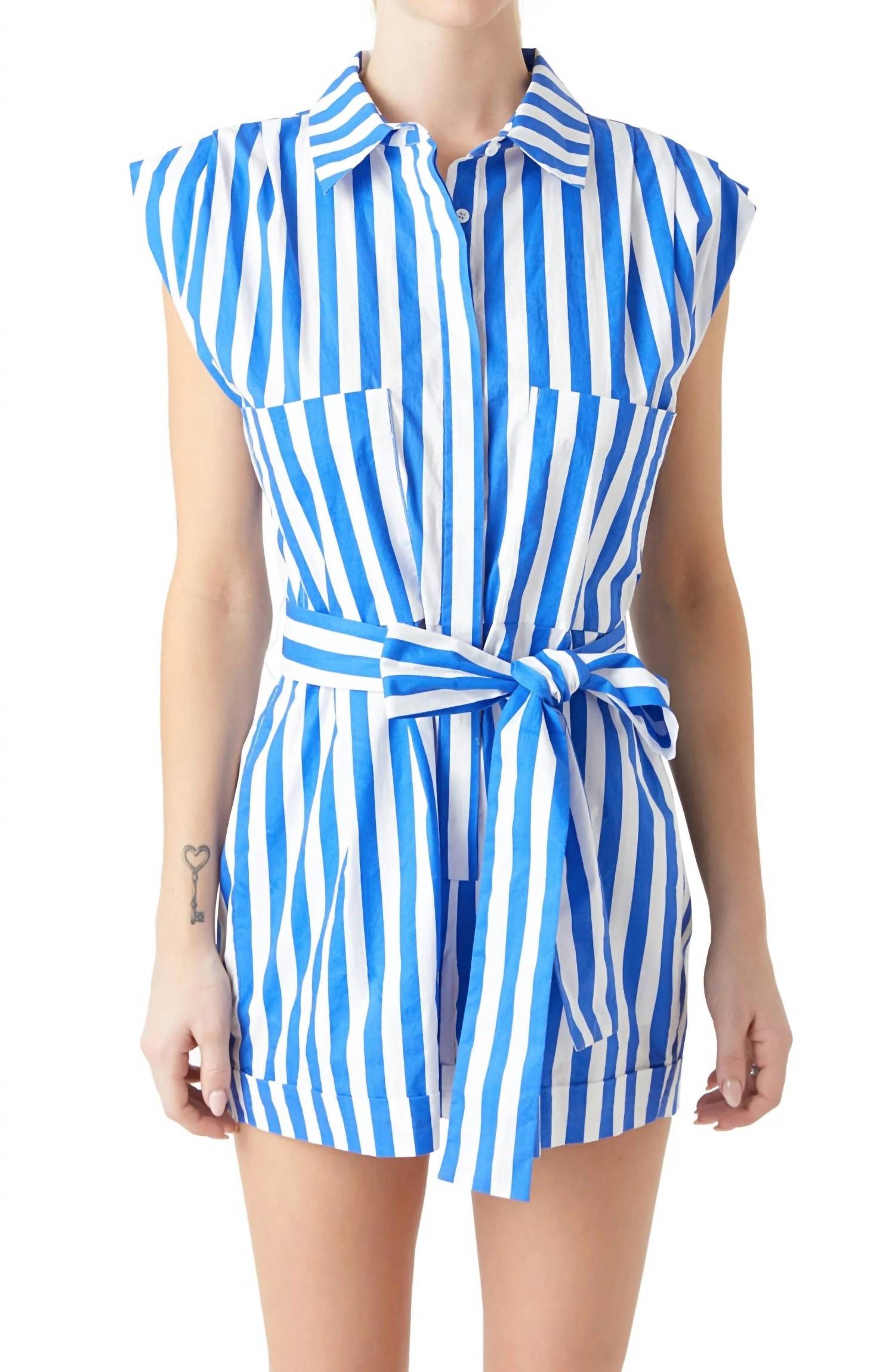 Grey Lab - Striped Pintuck Tie Belt Romper