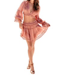 Rosevelvet - Jennifer Chiffon Ruffle Lace Crop Top and Skirt Set