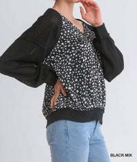 Umgee - Animal Knit Woven Print Long Sleeve Top