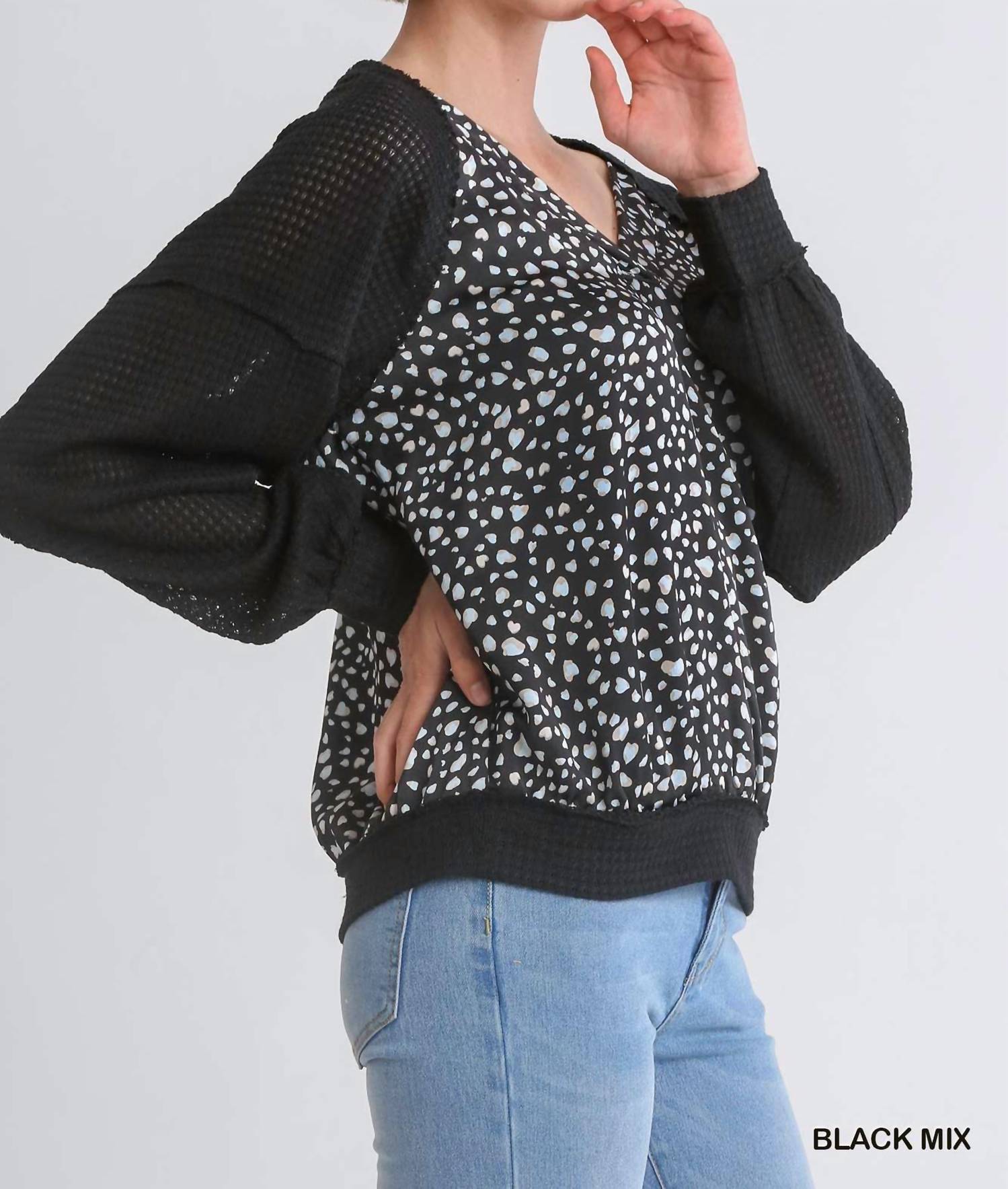 Umgee - Animal Knit Woven Print Long Sleeve Top