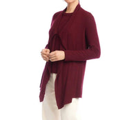 Karen Kane Long Sleeve Ribbed Drape Front Cardigan in wine - women's cardigan - detail view