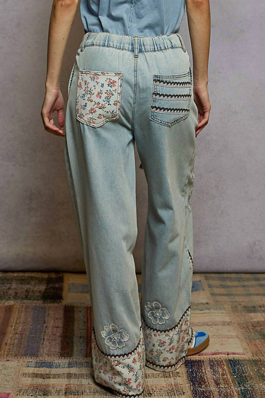 Pol - Floral Patches Embroidery Elastic Band Casual Pants