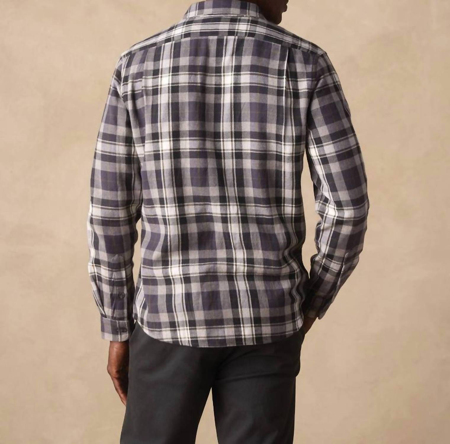 The Normal Brand Knitted Mountain Overshirt in grey plaid - men's jacket - detail view