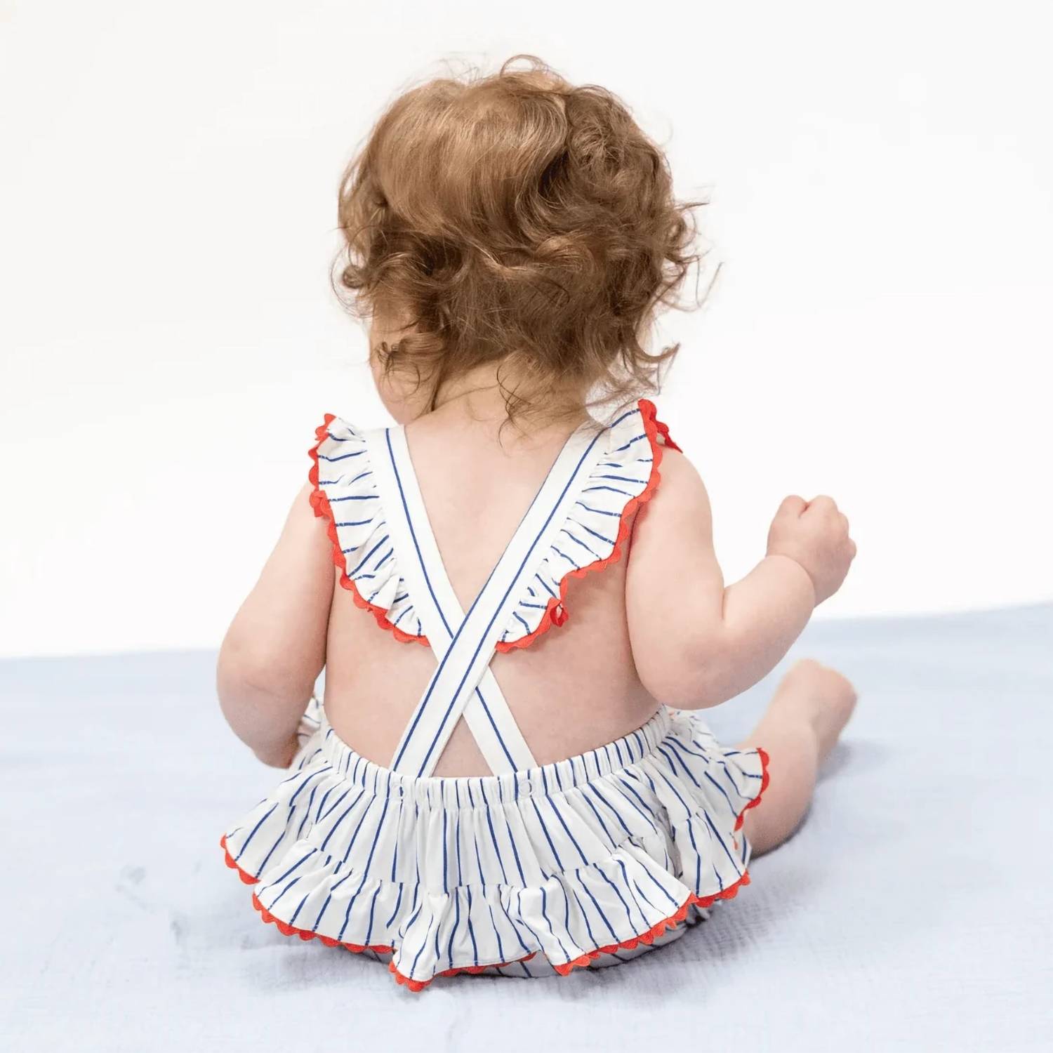 Angel Dear - Girls Baseball Stripe Bamboo Ric Rac Ruffle Sunsuit