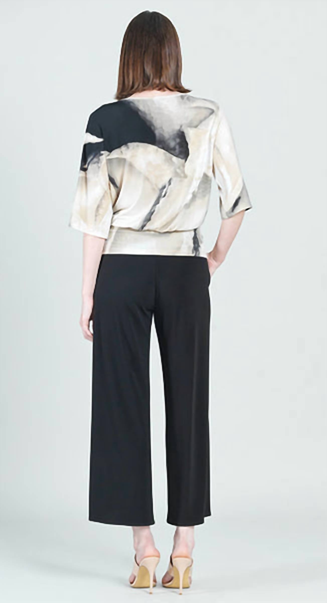 CLARA SUNWOO Watercolor Knit Shirt With Side Tie in taupe multi - women's blouse - alternate view