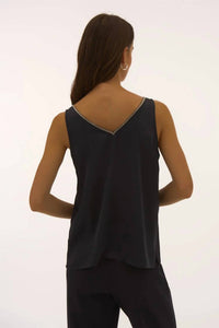 Joseph Ribkoff Satin Sleeveless Top With Rhinestone Trim in black - women's blouse - detail view