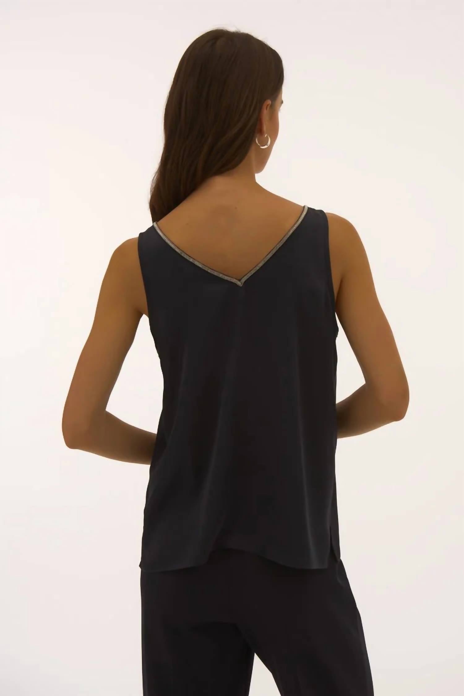 Joseph Ribkoff Satin Sleeveless Top With Rhinestone Trim in black - women's blouse - detail view