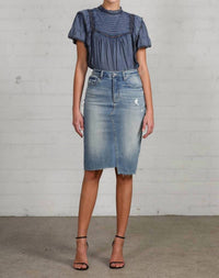 Insane Gene - Jacy High Rise Stretch Raw Hem Knee Length Skirt