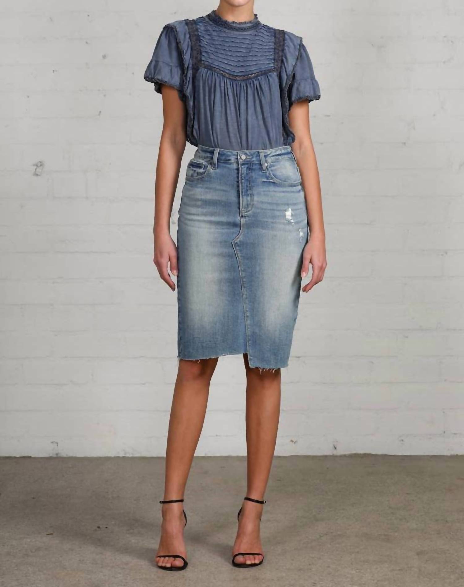 Insane Gene - Jacy High Rise Stretch Raw Hem Knee Length Skirt