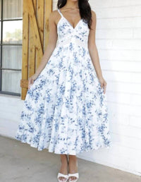 Angie - V-neck Lace Trim Printed Maxi Dress