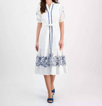 T Tahari - Short Sleeve Belted Embroidered Fit & Flare Dress
