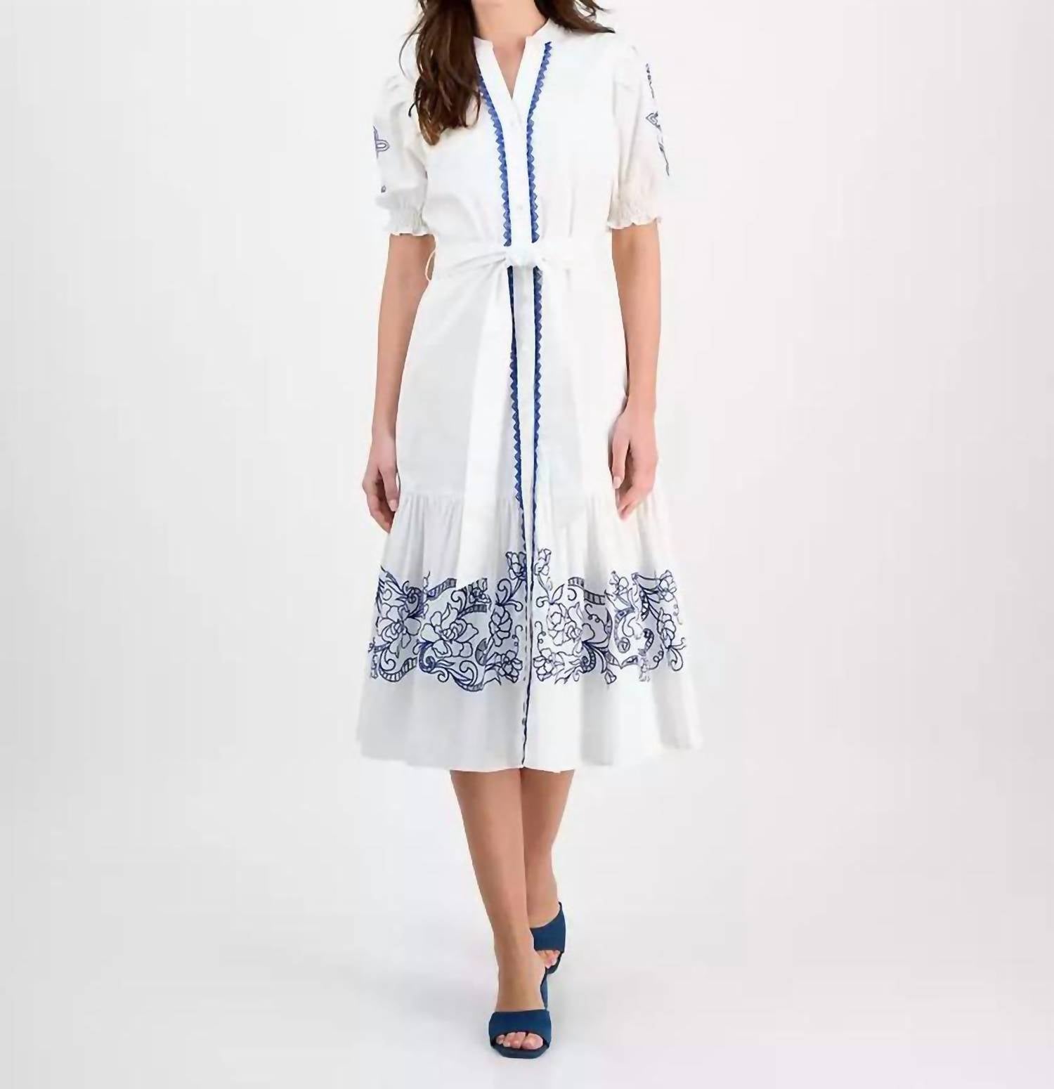 T Tahari - Short Sleeve Belted Embroidered Fit & Flare Dress