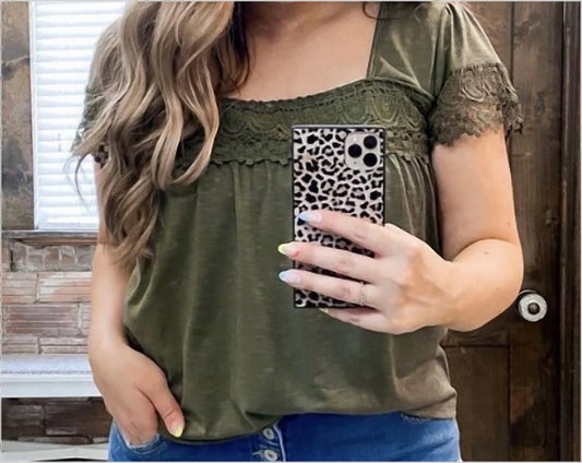 Shewin - Square Neck Lace Patchwork Top