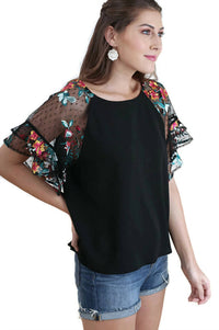 Umgee - Floral Embroidered Layered And Ruffled Sleeve Top