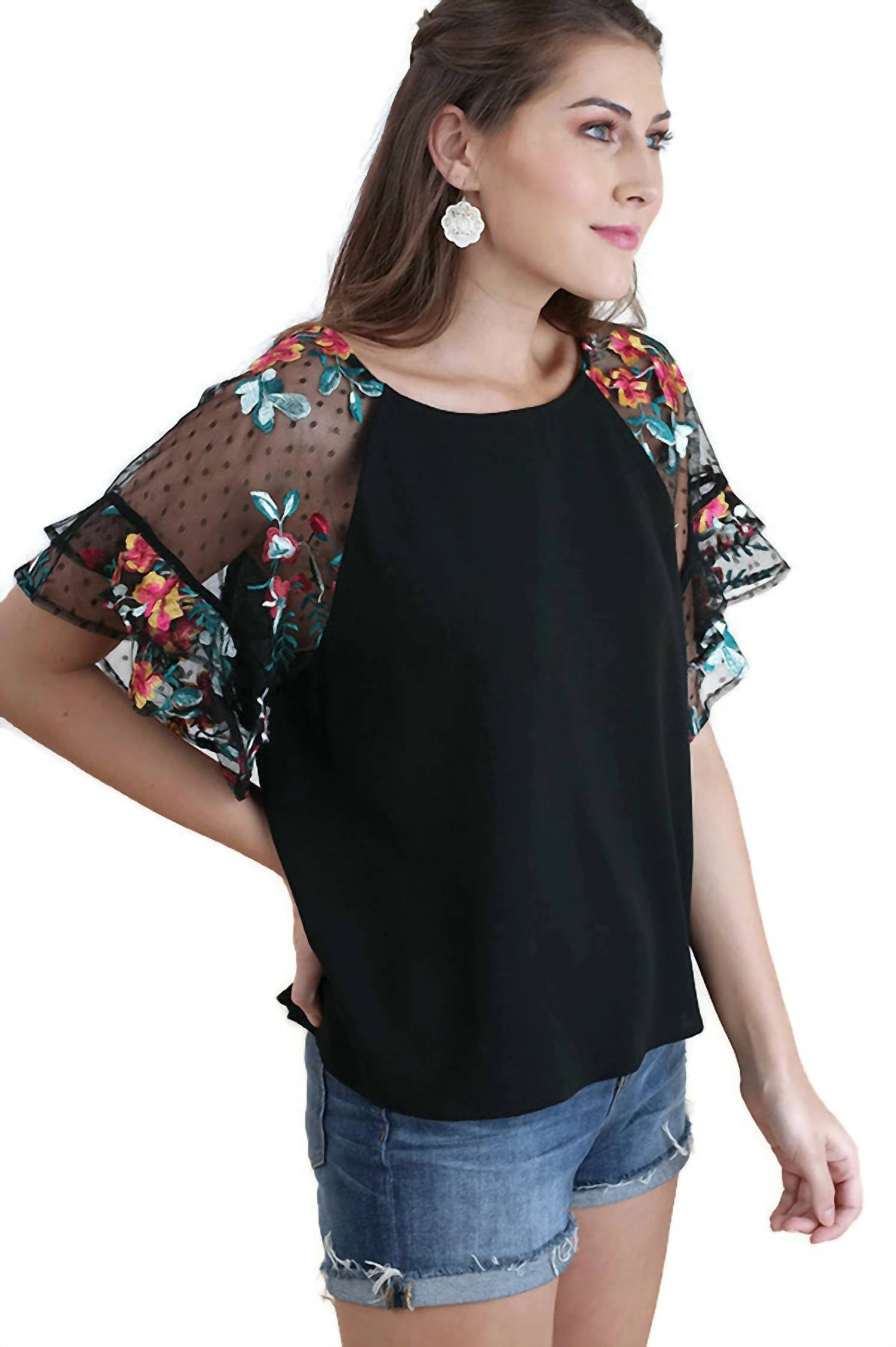Umgee - Floral Embroidered Layered And Ruffled Sleeve Top