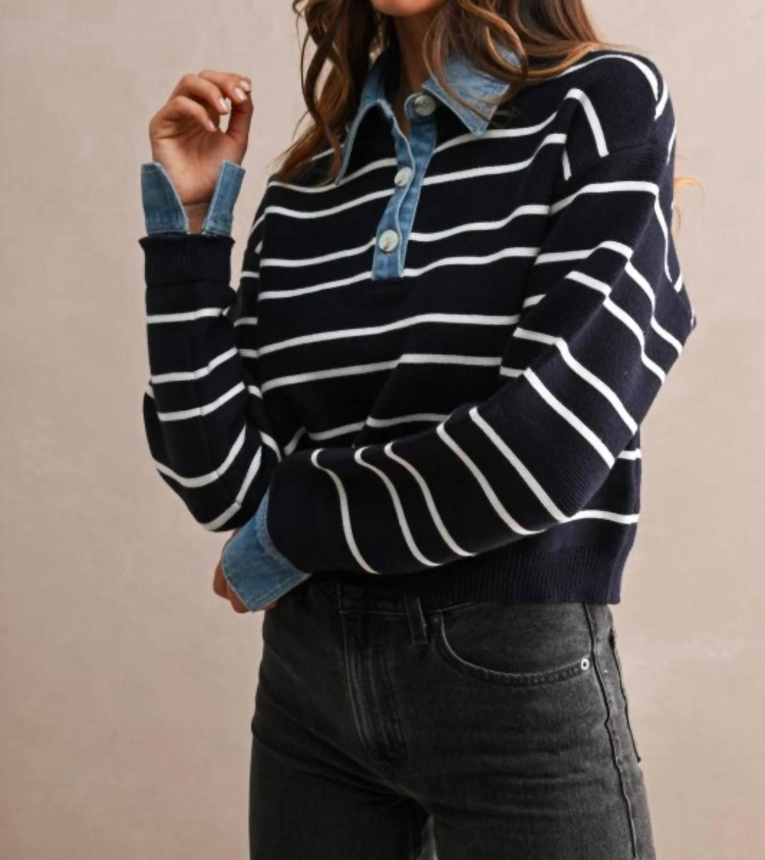Mable - Striped Sweater with Contrast Denim Detail
