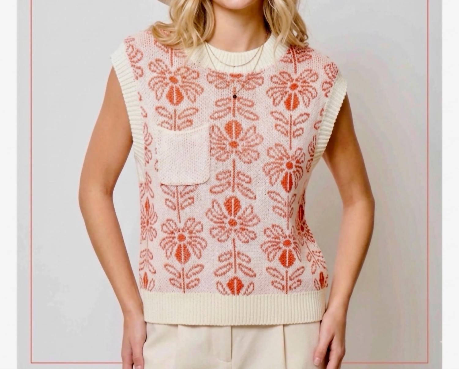 LA MIEL Floral Knit Sweater Vest in burnt orange - women's jacket