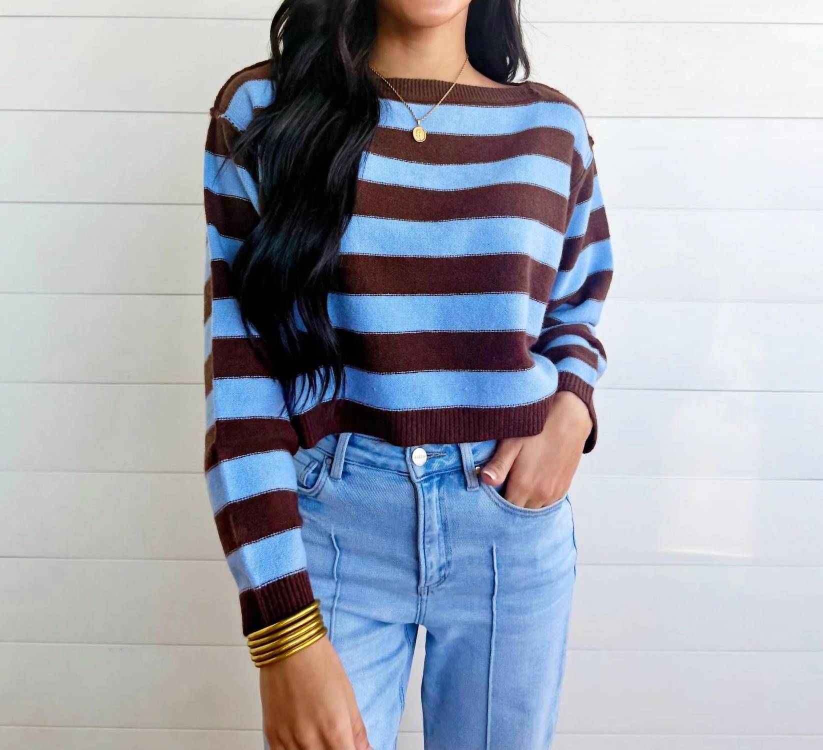 Blu Pepper - Women's Stripe Exposed Seam Long Sleeve Cropped Sweater