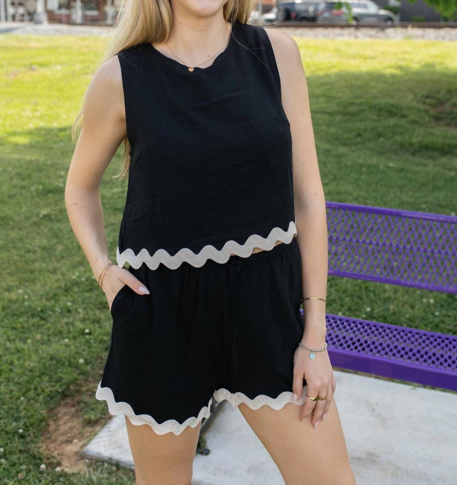 AnnieWear Chic Scallop Trim Set in black - women's sleepwear