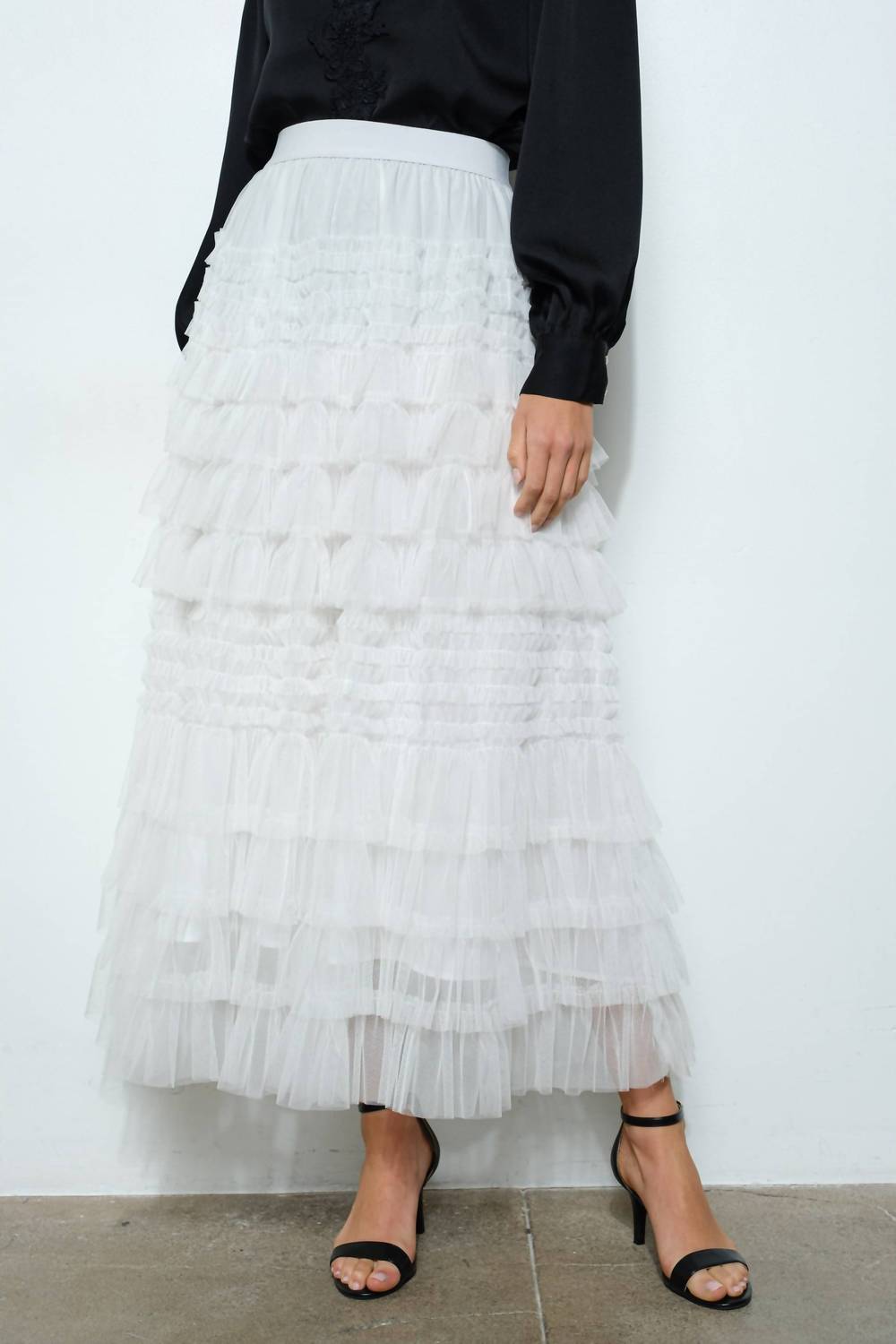 Ina Fashion - High-waisted Tiered Ruffled Tulle Maxi Skirt