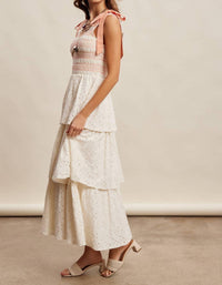 Listicle - Smocked Tie Shoulder Lace Maxi Dress