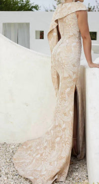 Terani Couture Asymmetrical Jacquard Champagne Trumpet Evening Dress - women's dress - detail view