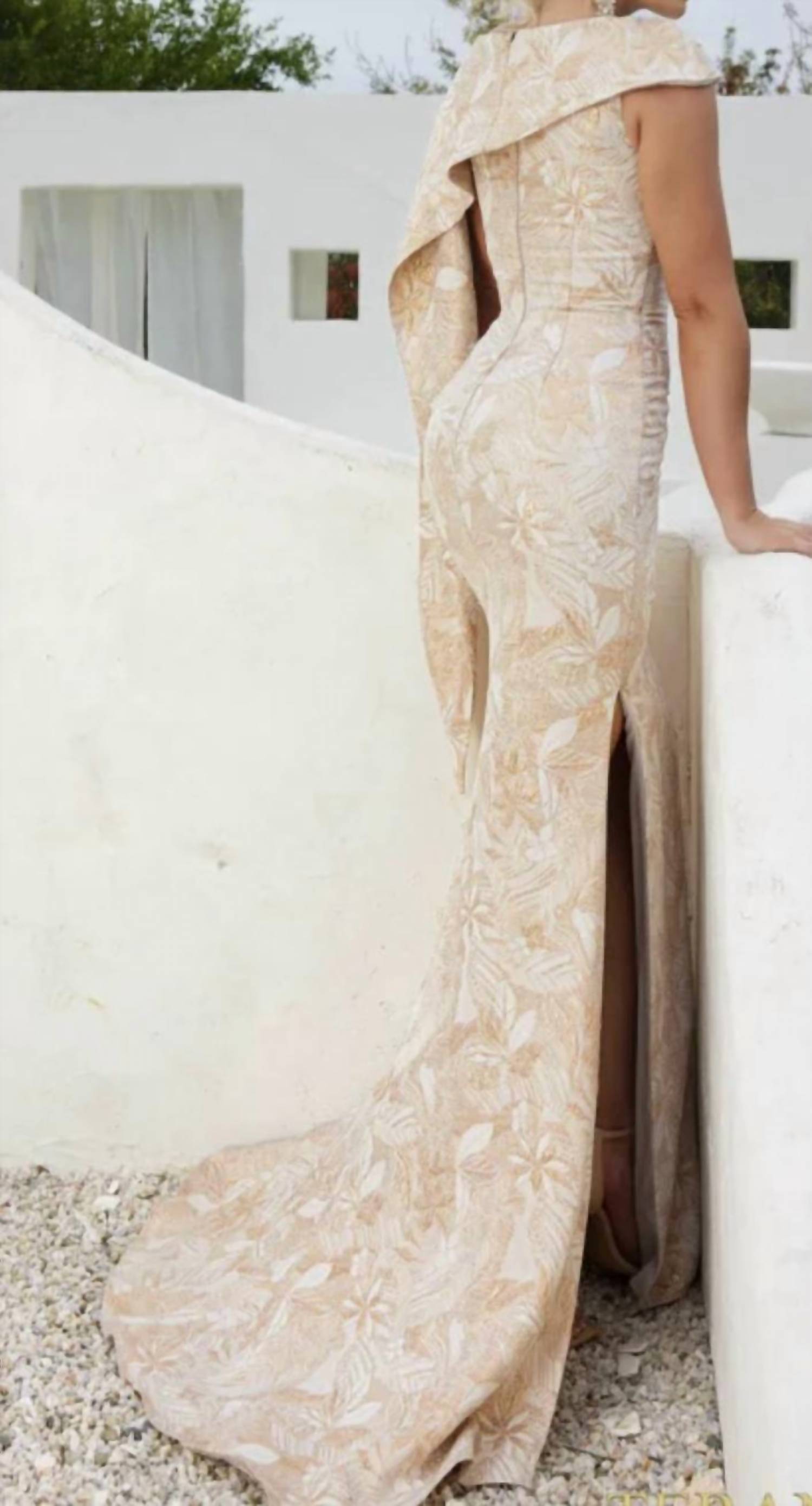 Terani Couture Asymmetrical Jacquard Champagne Trumpet Evening Dress - women's dress - detail view