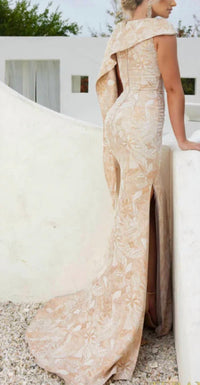 Terani Couture Asymmetrical Jacquard Champagne Trumpet Evening Dress - women's dress - alternate view