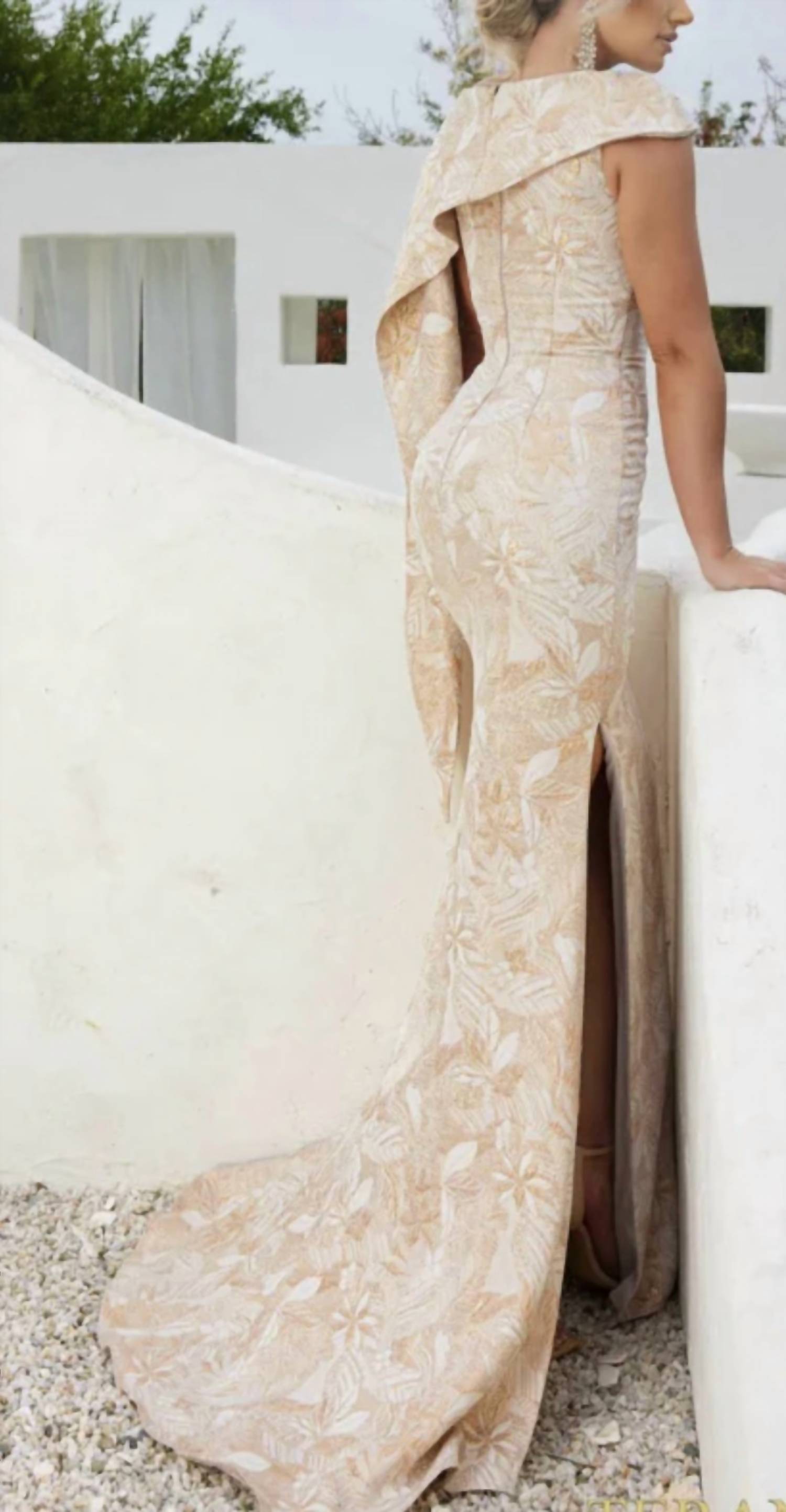 Terani Couture Asymmetrical Jacquard Champagne Trumpet Evening Dress - women's dress - alternate view