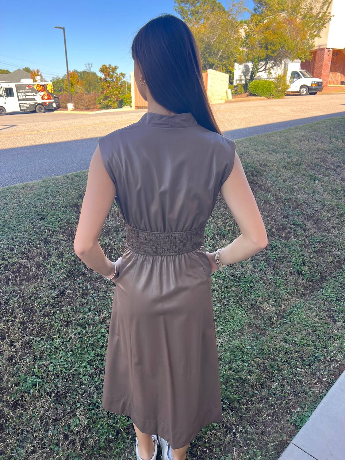 entro Mousse Faux Leather Dress in mocha - women's dress - detail view