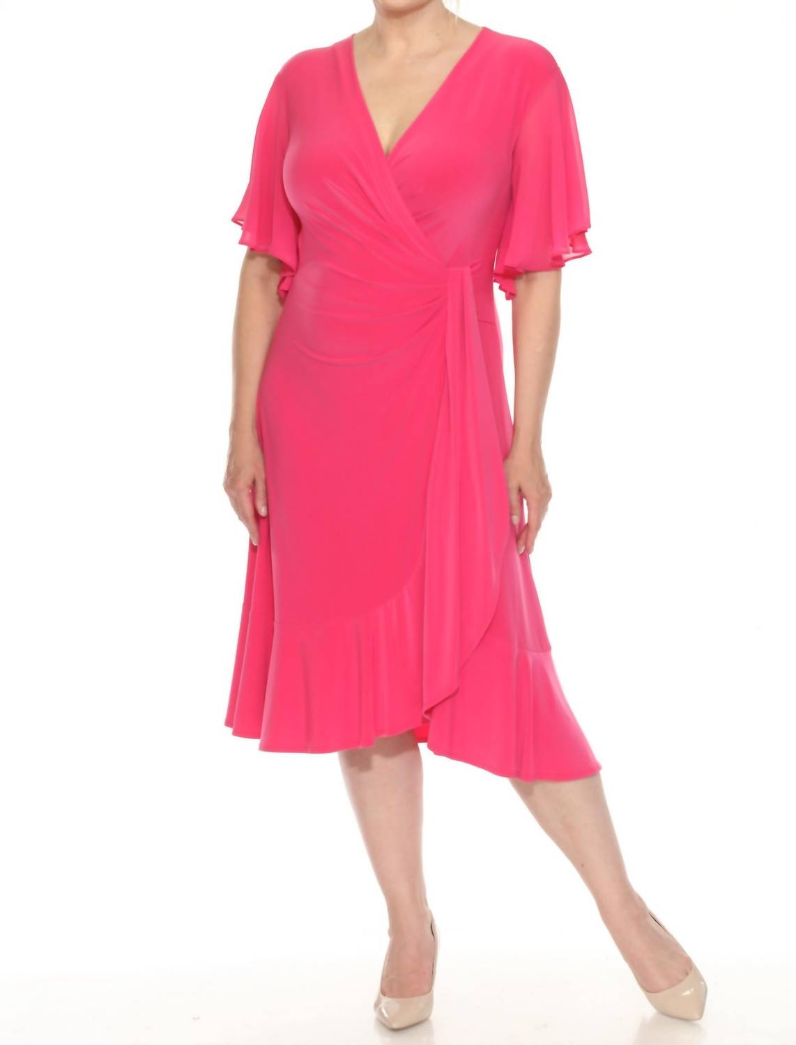 Joseph Ribkoff - V-neck Flutter Sleeve Faux Wrap Midi Dress