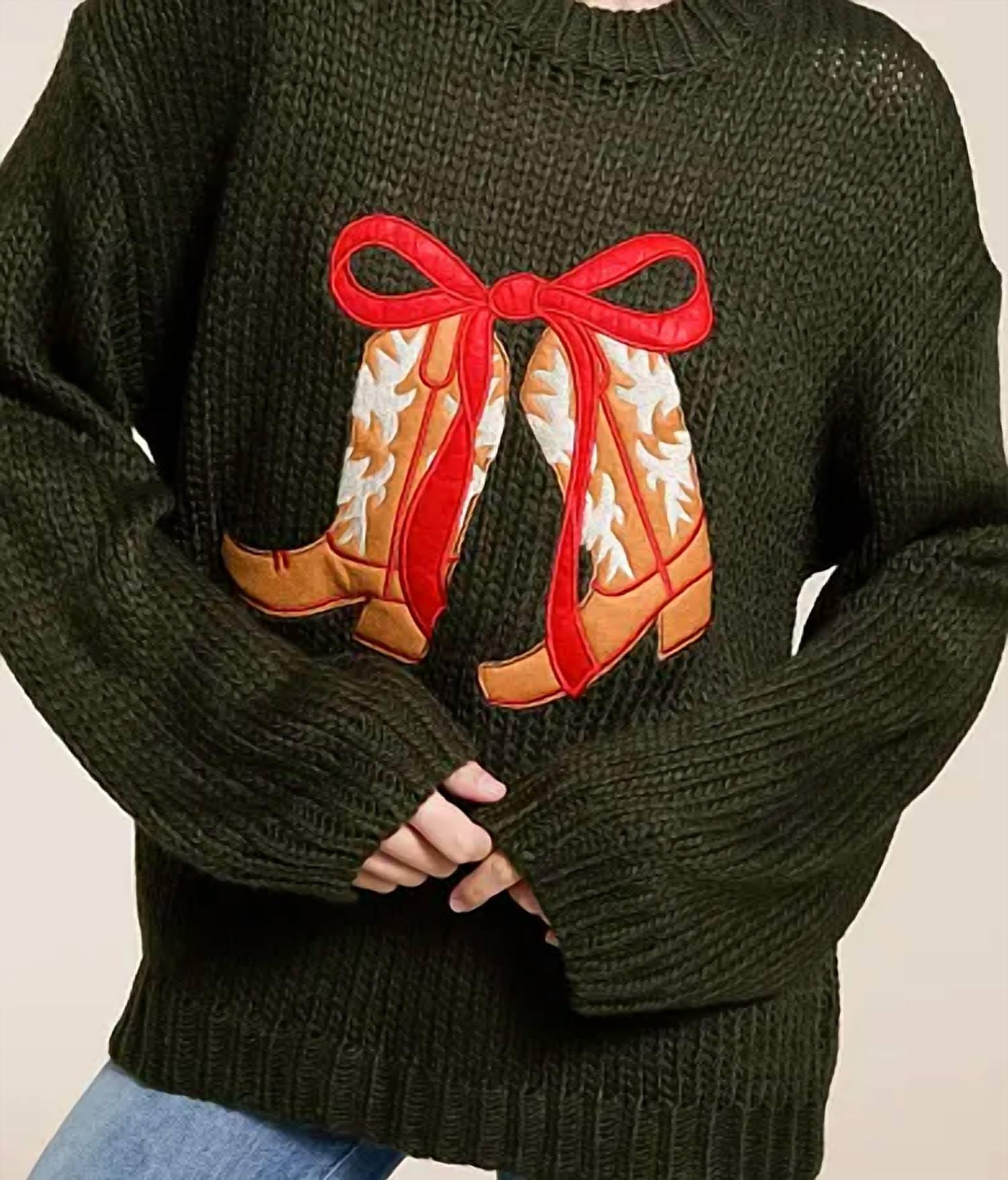 Baevely by Wellmade For The Love Of Boots Sweater in dark green - women's sweater - alternate view