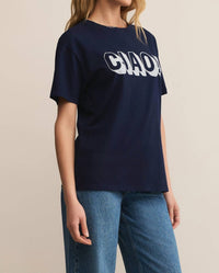 Z Supply Ciao Boyfriend Tee in blue sapphire - women's t-shirt - detail view