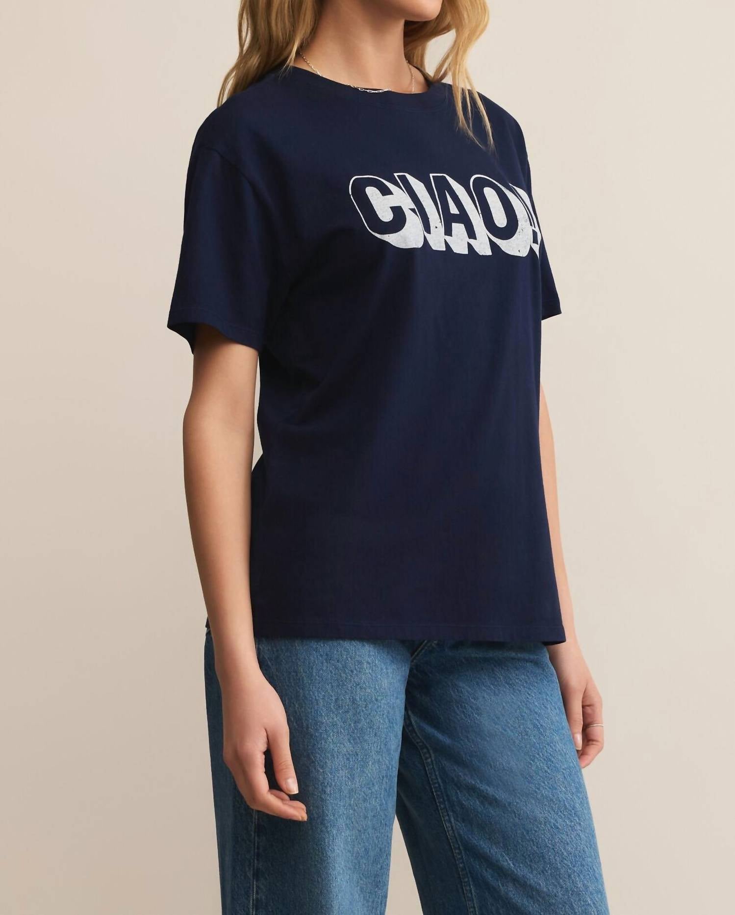 Z Supply Ciao Boyfriend Tee in blue sapphire - women's t-shirt - detail view